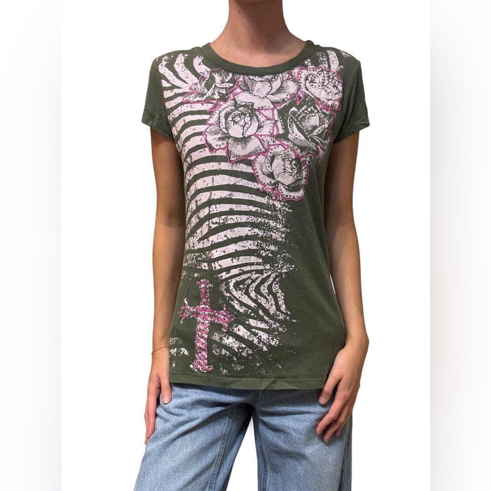 Olive Green Floral & Cross Graphic Tee - Women's Top